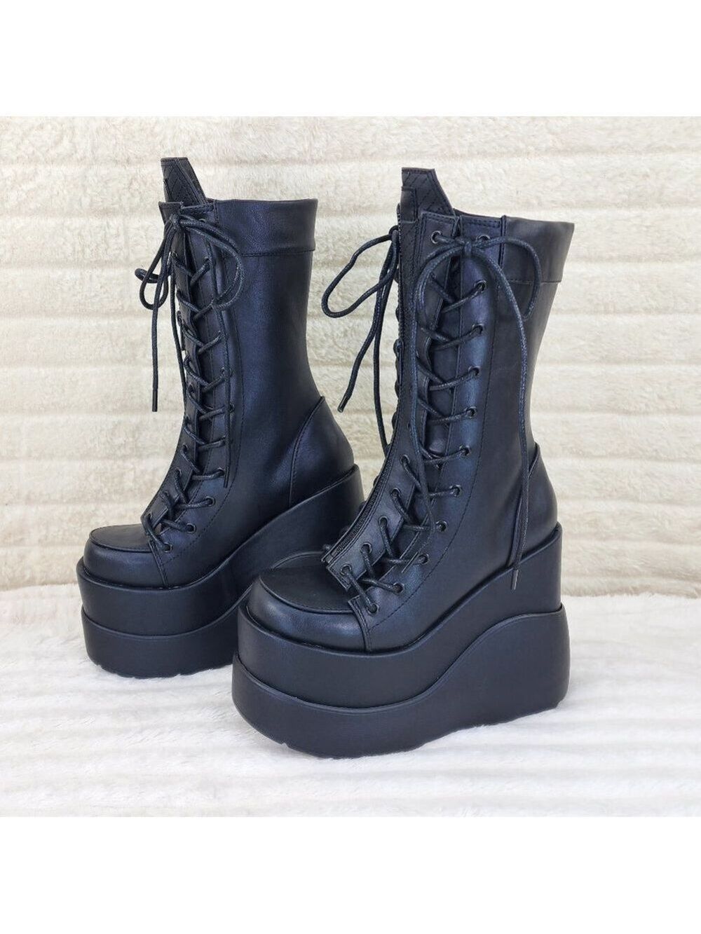 Void Black Matte Platform Wedge Goth Punk Corset Laced Mid Calf Boots
